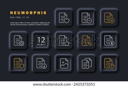 File set line icon. Heart, plus, minus, gears, dollar, shield. Neomorphism style. Vector line icon for business and advertising