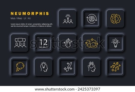 Teamwork set line icon. Creativity, light bulb, brush, music, thought, dream, photography, brain. Neomorphism style. Vector line icon for business and advertising