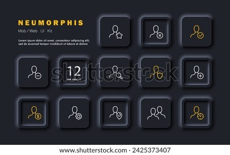 Contacts set line icon. Magnifying glass, shield, star, score, minus, plus, timer, cross. Neomorphism style. Vector line icon for business and advertising