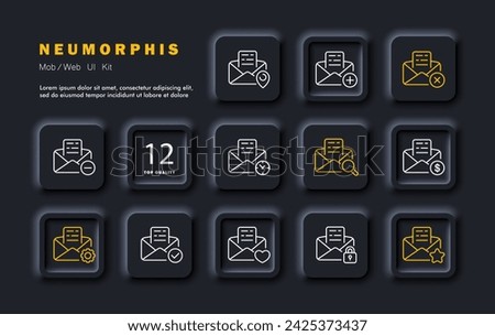 Letter set line icon. Mail, gps mark, plus, cross, minus, clock, magnifying glass, dollar, gear, checkmark, lock, star. Neomorphism style. Vector line icon for business and advertising