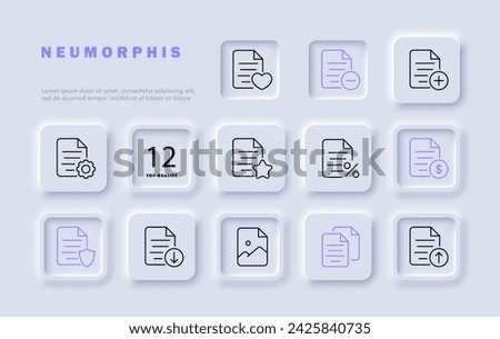 File set line icon. Heart, plus, minus, gears, dollar, shield. Neomorphism style. Vector line icon for business and advertising