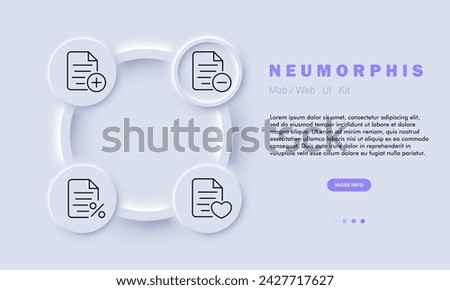 Information line icon. Digital storage, data management, organized documents, minus, plus, heart, percentage. Neomorphism style. Vector line icon for business and advertising