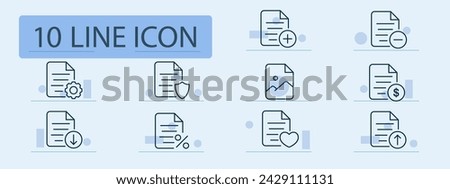 File set line icon. Digital files, cloud storage, secure access, plus, minus, shield, gear. Pastel color background. Vector line icon for business and advertising