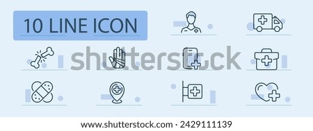 Treatment set line icon. Hospital treatment, medical care, fracture, smartphone, plus, patch, bone. Pastel color background. Vector line icon for business and advertising