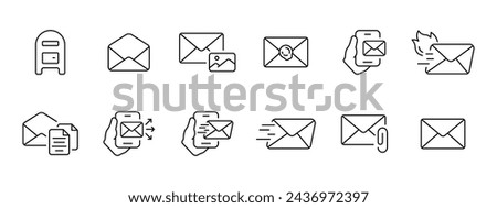 Mail set icon. Mailbox, letter, letter, photograph, postcard, stamp, email, mailing, urgent and fast dispatch, documentation. Vector line icon on white background.