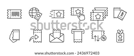Ticket set icon. Ticket, rental, VIP, badge, shipping. Sending, receiving, changing a ticket. Vector line icon on white background.