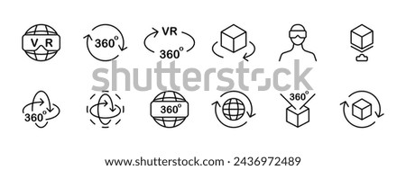 VR set icon. Virtual reality helmet, 360 degrees, full coverage, freedom of movement, VR zone, augmented reality. The concept of VR technologies and services related to them. Vector line icon.