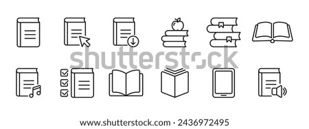 Books set icon. Book, online book, downloading, literature, bookmarks, binding, reading, reading with music, e book, notes, source of knowledge. Concept of reading, literature. Vector line icon.