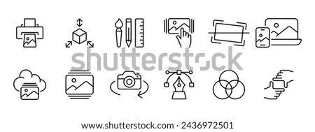 Photos set icon. Printer, brush, pencil, ruler, photo selection, pen, gradient, cropping, storing photos on cloud. Concept of editing and working with photos. Vector line icon on white background.