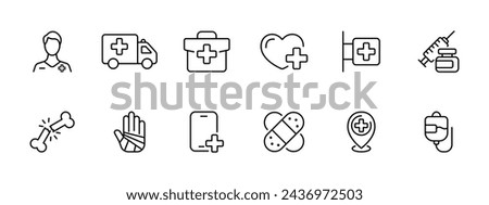 Ambulance set icon. Employee and ambulance, first aid kit, pharmacy, heart health, drugs, fractures, burns, calling an ambulance by phone, adhesive plaster, IV. Ambulance concept. Vector line icon.