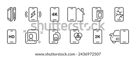 Phone set icon. Phone and pencil, charger, smart home, memory card, SIM card, face recognition. 2k, 4k and HD resolutions, broken screen, color palette. Vector line icon on white background.