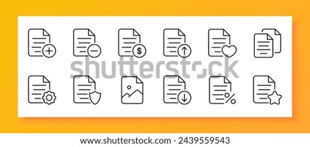 File icon set. Plus, minus, shield, gear, gallery, photo, percentage, heart, dollar. Black icon on a white background. Vector line icon for business and advertising