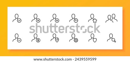 User icon set. Tick, cross, plus, timer, asterisk, friends, minus, dollar, gps mark, gear. Black icon on a white background. Vector line icon for business and advertising