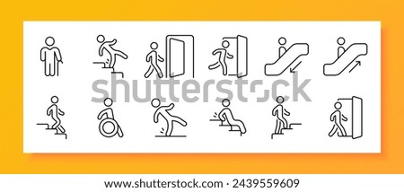 Moving icon set. Steps, cane, escalator, up, down, door, slippery floor, disability. Black icon on a white background. Vector line icon for business and advertising