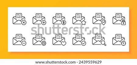 Mail icon set. Cross, plus, dollar, asterisk, favorites, GPS tag, lock, password, minus, gear. Black icon on a white background. Vector line icon for business and advertising
