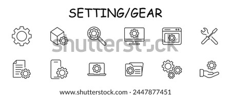 Setting icon set. Gear, website, tuning, hand, proposal, mechanism, configuration, screwdriver, wrench, tools, laptop, file, folder, monitor, phone, adjustment, optimization. Vector line icon.