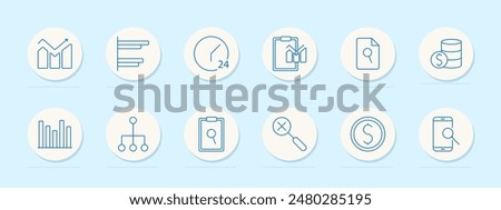 Data analytics set icon. Chart, clock, clipboard, and database. Statistics, performance, and business metrics concept.