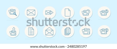 Mail set icon. Folder, envelope, query, inbox, outbox, document, sent, received, attachment, message, communication. Email concept. Vector line icon on white background.