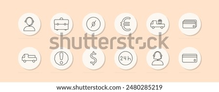 Telecommunications set icon. Phone, SIM card, signal, screen, web, tower, call, wifi. Vector line icon on peach background.