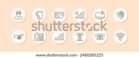 Telecommunications set icon. Phone, SIM card, signal, screen, web, tower, call, wifi. Vector line icon on peach background.