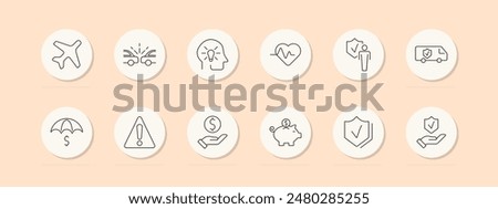 Insurance services set icon. Airplane, car crash, brain, heartbeat, person, truck, umbrella, warning, money, piggy bank, hand, shield. Vector line icon on peach background.