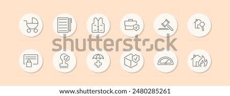 Insurance set icon. Stroller, document, vest, briefcase, gavel, house, certificate, shield, umbrella, box, meter, fire. Insurance, protection concept. Vector line icon on peach background.