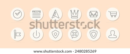 Business set icon. Checkmark, graph, compass, crown, email, shopping cart, flag, power button, shield, cancel, user. Business, management, security concept. Vector line icon on peach background.