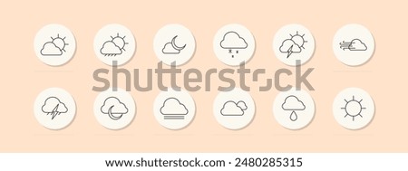 Weather set icon. Sun, cloud, rain, thunderstorm, wind, snow, fog, partly cloudy, night, temperature, forecast, meteorology. Climate condition concept. Vector line icon on peach background.