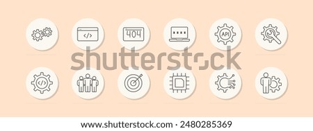 Web development set icon. Gears, coding, error 404, API, password, target, chip, teamwork. Software, programming, internet concept. Vector line icons on beige background.