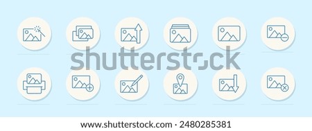 Photo editing set icon. Magic wand, image stack, growth chart, folder, print, pencil, map pin, arrow down, delete. Editing, enhancement, photography tools concept. Vector line icons on blue background