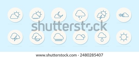 Weather set icon. Sun, cloud, rain, snow, storm, wind, moon, fog, overcast, partly cloudy, sunny, thunder. Weather conditions, forecast concept. Vector line icons on blue background.