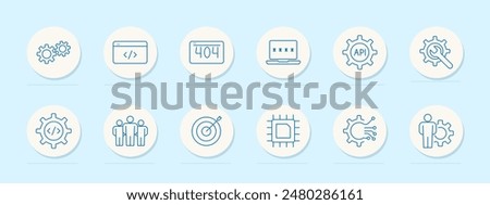 Web development set icon. Gears, code, 404 error, password, API, and target. Programming, software, technology concept.