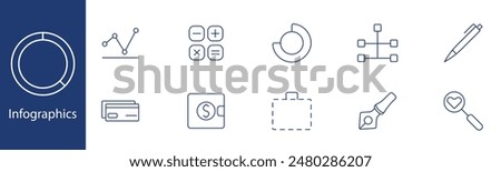 Infographics set icon. Chart, calculator, wallet, pen, suitcase, diagram, nodes, heart, finance, analysis. Data visualization, business, information concept.