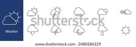 Weather set icon. Sun, cloud, lightning, rain, snow, fog, wind, moon. Forecast, meteorology, climate concept.