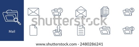 Mail set icon. Folder, email, document, search, sent, received, question, alert. Communication, correspondence, office concept.