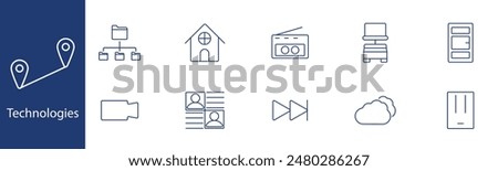 Technology set icon. Folder, smart home, radio, database, network, cloud, video, profiles, fast-forward, data storage. Digital, innovation, electronics concept.