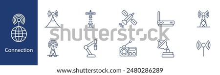 Connection set icon. Satellite, radio tower, wifi, globe, antenna. Communication, wireless signal, network, data transmission concept.