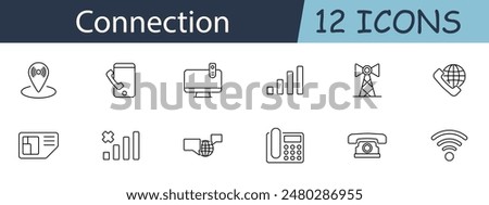 Connection set icon. Location pin, phone, computer, signal strength, cell tower, wifi, sim card, landline. Communication, networking, connectivity, digital interaction concept.