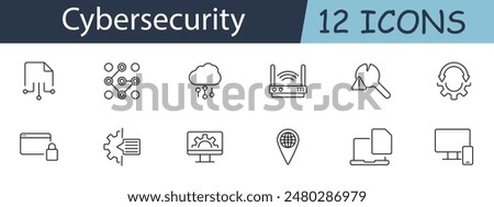 Cybersecurity set icon. Document, network, cloud, router, wrench, gear, shield, lock, monitor, location pin. Digital security, data protection, network safety concept.