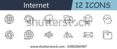 Internet set icon. Globe, gear, cloud, folder, coding, head, computer, magnifying glass, warning, email, download. Internet services, digital technology, web development concept.