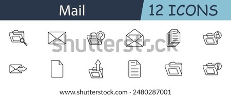 Mail set icon. Folder, envelope, query, inbox, outbox, document, sent, received, attachment, message, communication. Email concept. Vector line icon on white background.