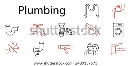 Plumbing set icon. Faucet, pipes, leak, washer, valve, wrench, water, plumber, sink, pipework, repair, maintenance, dripping, fixture, drainage, installation, sewage, fittings, connectors, system.