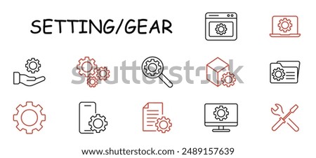 Setting gear set icon. Gear, hand, magnifying glass, computer, phone, wrench, folder, cube, software, tools, configuration, system.