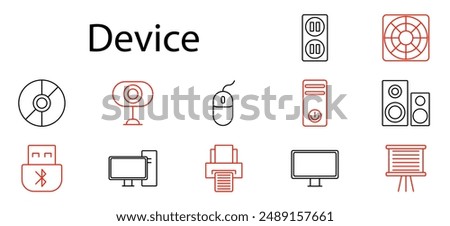 Device set icon. CD, webcam, mouse, outlet, fan, speakers, USB, monitor, printer, computer, screen, projector, tech, hardware, electronics, peripherals, digital, equipment, gadget.