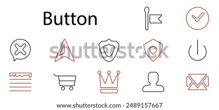 Button set icon. Close, navigation, shield, power, flag, shopping, crown, user, message, menu, task, security, interface, click, internet, application, control, access, digital.