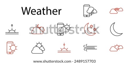 Weather set icon. Sun, clouds, rain, storm, moon, wind, sunrise, sunset, temperature, forecast, climate, meteorology, weather app, conditions, atmosphere, sky, prediction, mobile, application, season.