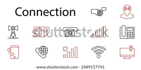 Connection set icon. Telephone, signal bars, tower, SIM card, call, internet, mobile phone, communication, wireless, technology, connection, device, digital, network, data, global, connectivity.