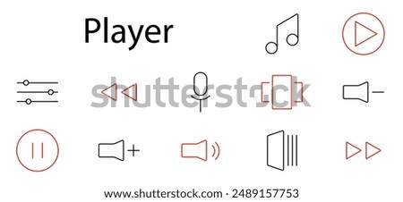 Player set icon. Play, pause, stop, rewind, forward, microphone, music, sound, volume, speaker, settings, control, audio, recording, playlist, interface, entertainment, device, media, digital.