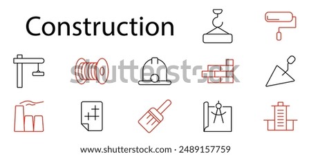 Construction set icon. Crane, hard hat, paint roller, trowel, blueprint, building, tools, helmet, brick, industrial, engineering, architecture, construction site, safety, planning, development.