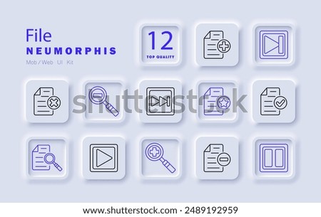 File set icon. Document, magnifying glass, play, delete, favorite, folder, add, remove, search, storage, archive, format.